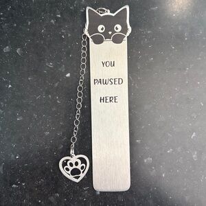 Silver Cat Bookmark with Heart Charm